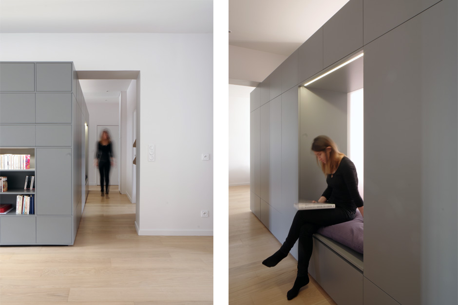 Rénovation d'un appartement contemporain à Lyon avec un meuble central sur mesure. Meuble d'entrée avec alcôve.