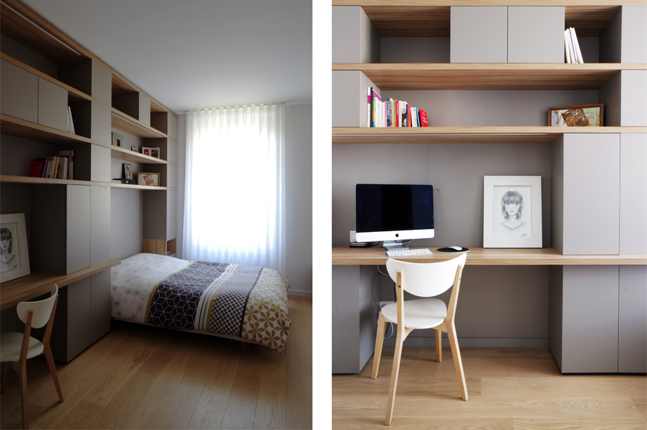 Rénovation d'un appartement contemporain à Lyon avec un meuble central sur mesure. Tête de lit et bureau scandinave.