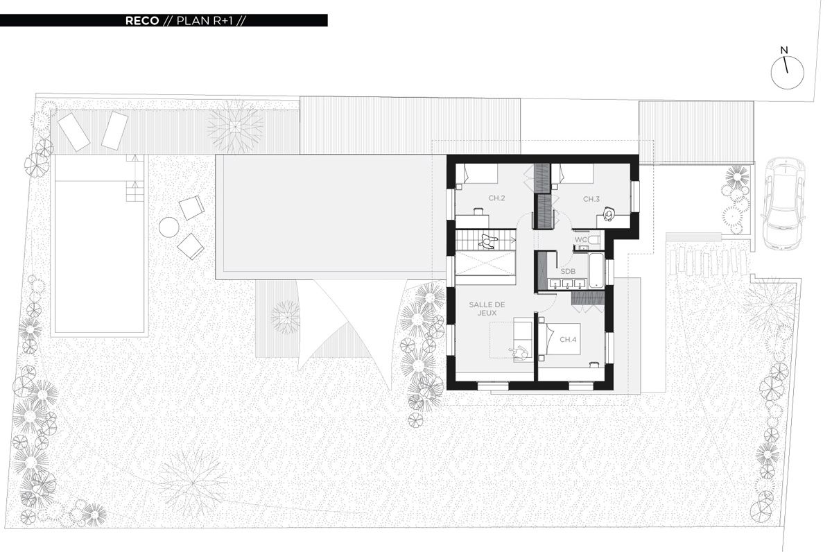 Rénovation et extension contemporaine d'une maison à Caluire de type verrière d'atelier, plan étage.