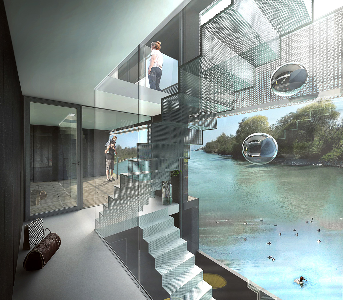 Rénovation d'une péniche bateau en maison flottante contemporaine par Dank, architecte sur Lyon avec une piscine à débordement. Escalier ouvert en métal et verre avec vue sur la rive