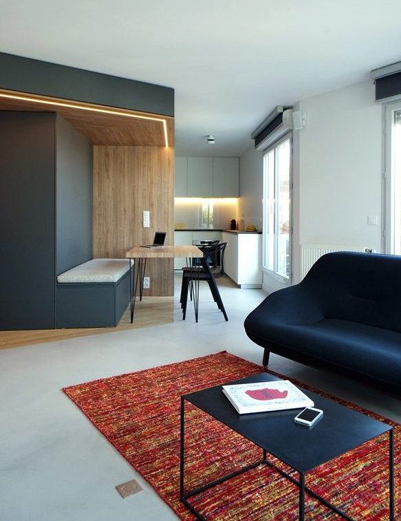 Appartement-contemporain-architecte-terrasse-agencement-sur-mesure-mobilier-design_Vue-salle-a-mange-cuisine-salon