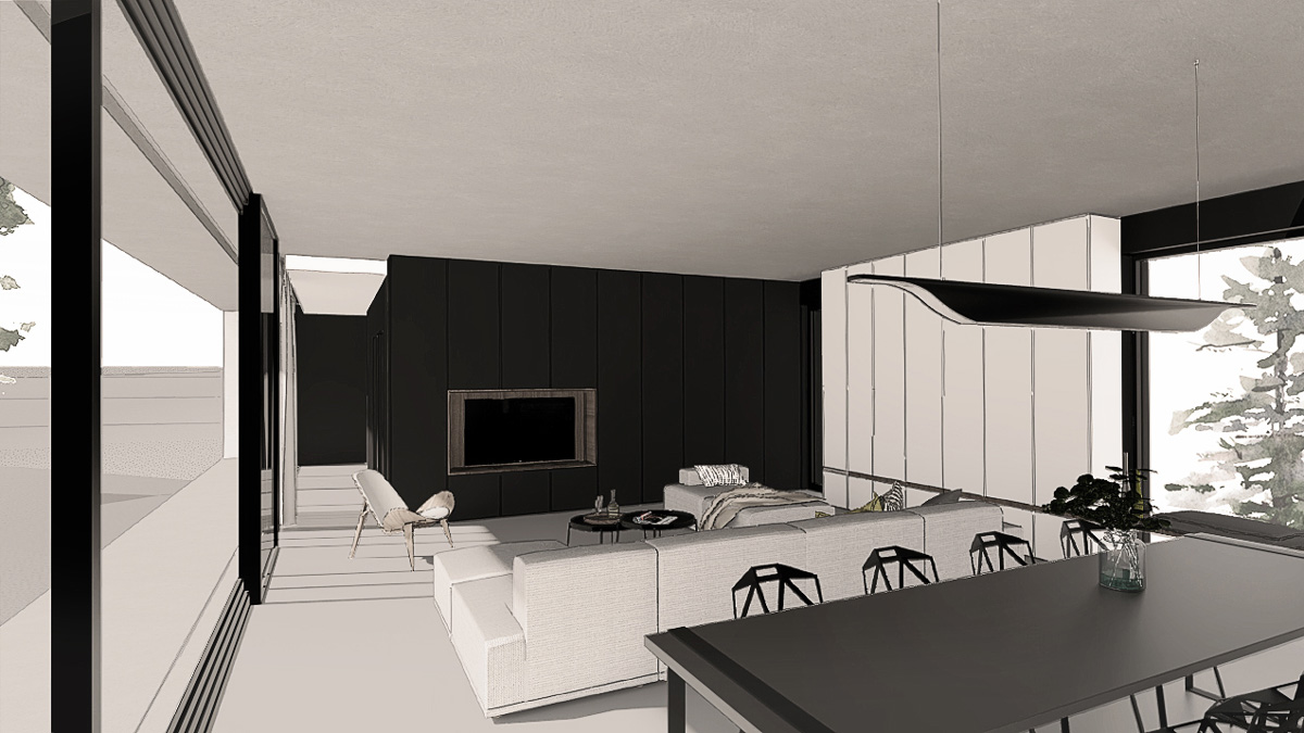 maison-contemporaine-minimaliste-beton-lyon-savoie-salon-ouvert-salle-a-manger-meuble-tv-integrée